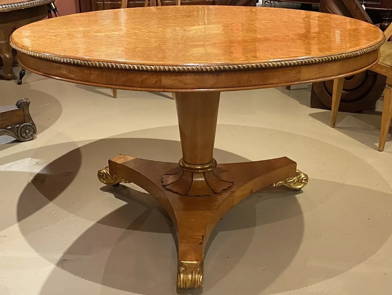English Regency Birdseye Maple Tilt Top Center Table with Gilt Accents gallery