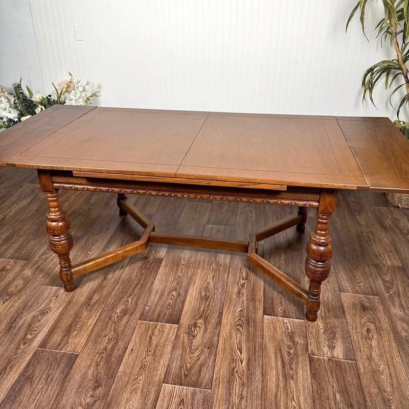 Antique Jacobean Revival Solid Oak Dining Table with Built-In Draw Leaves