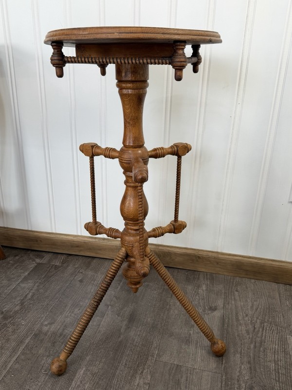 Antique Oak Round Accent Table with Turned Spool Tripod Base Plant Stand gallery