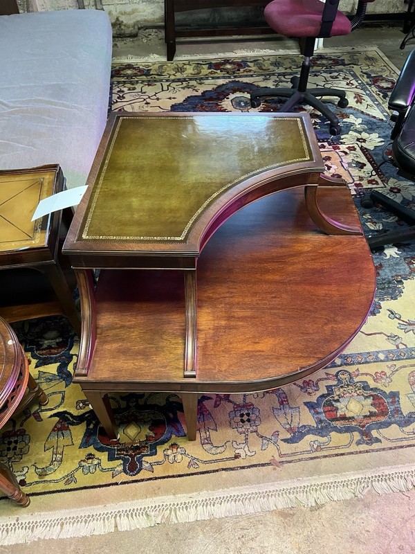 Antique Two-Tier Wood Side Table with Leather Top, Brown, Curved Square