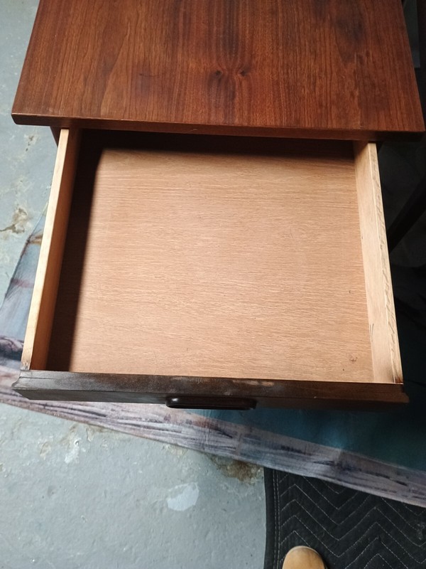 2 Mid Century Modern Walnut End Tables 2 Drawer Carved Handles 20"H 30"L 21" W gallery