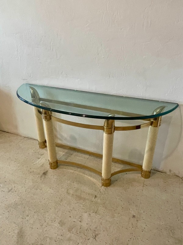 1970s Italian Brass /Glass Console Table w/ with Faux Rope & Tusk