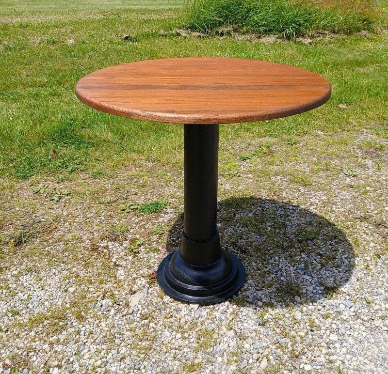 Antique Round Oak Top Pub Table or Game Table with Cast Iron Column Base gallery