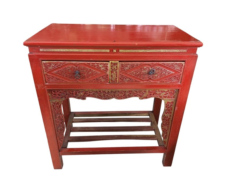 #217 Vintage Chinoiserie Red Lacquer Console Table 33.5″ W