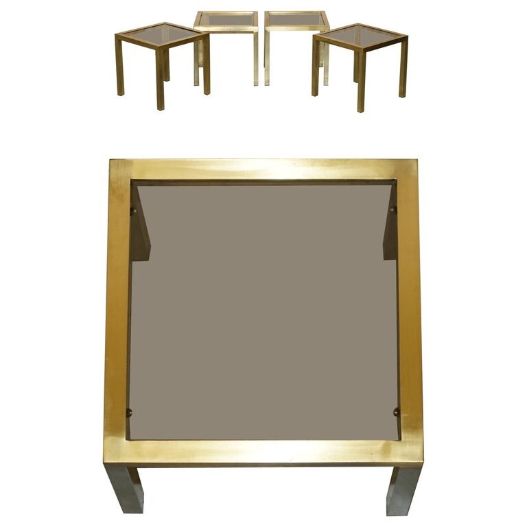 FOUR MID CENTURY MODERN MAISON JANSEN PARIS STYLE BRASS SMOKED GLASS SIDE TABLES