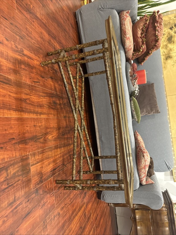 Regency Style Small Scale Brass Frame Glass Top Coffee Table Faux Bamboo Base gallery