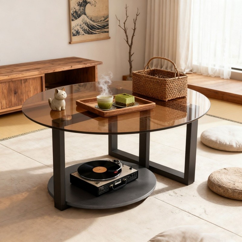 Mid Century Round Coffee Table Amber-Tinted Glass Accent Center Table w/ Storage gallery