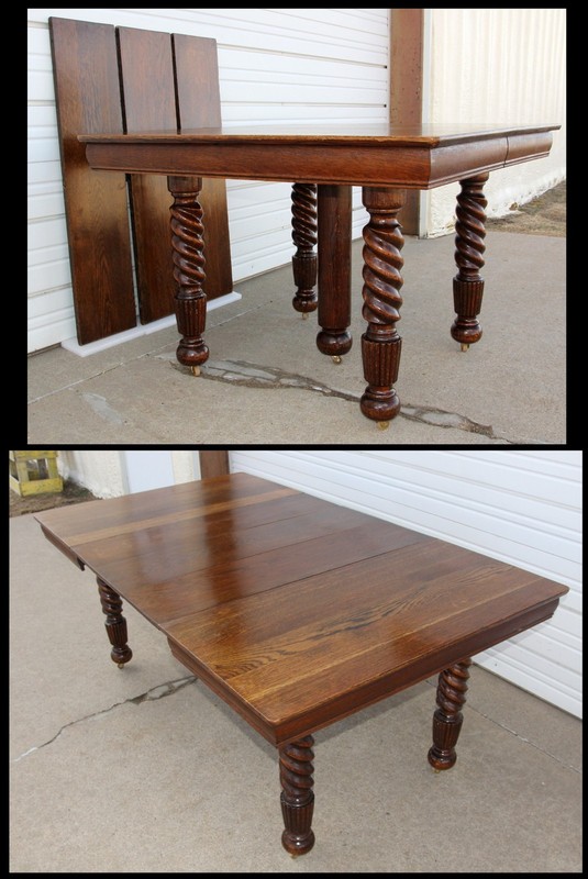 Antique Solid Oak 42″ Square Extension Dining Table w3 Leaves Fluted Spiral Legs