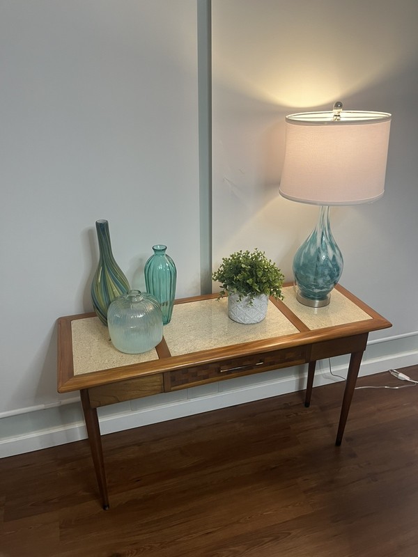 Lane Perception entrytable/sofa table MCM-walnut and travertine. Rare piece gallery