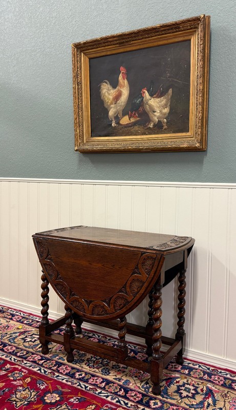 Antique English Table Drop Leaf Gateleg CARVED TOP Barley Twist Oak c. 1920-30s gallery