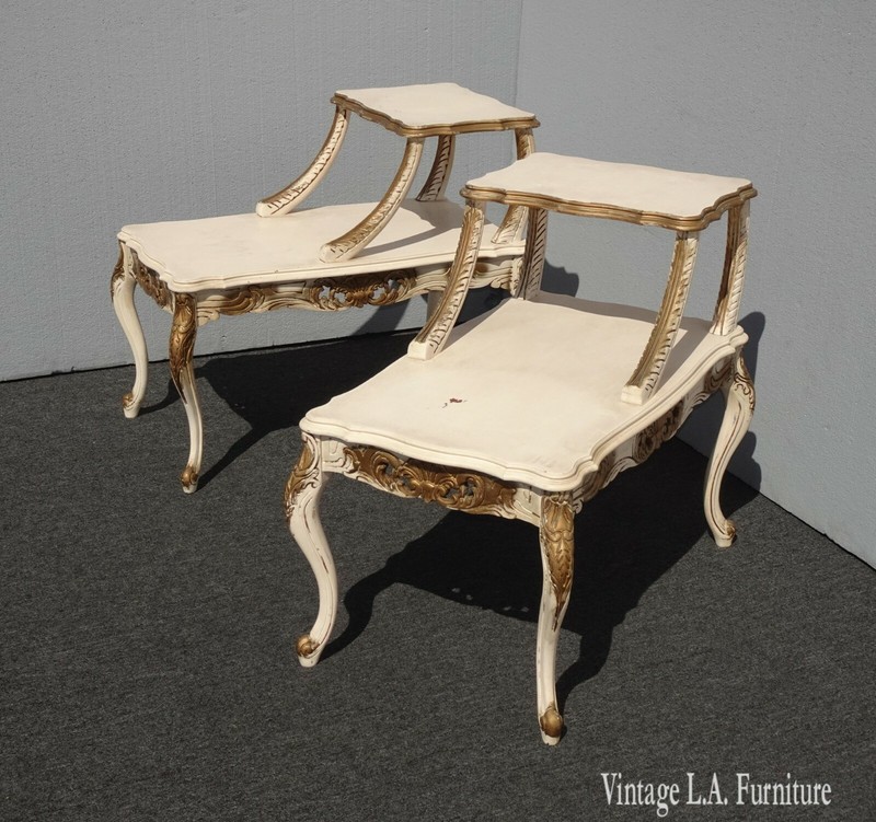 Pair Vintage French Provincial Off White & Gold 2 Tier End Tables