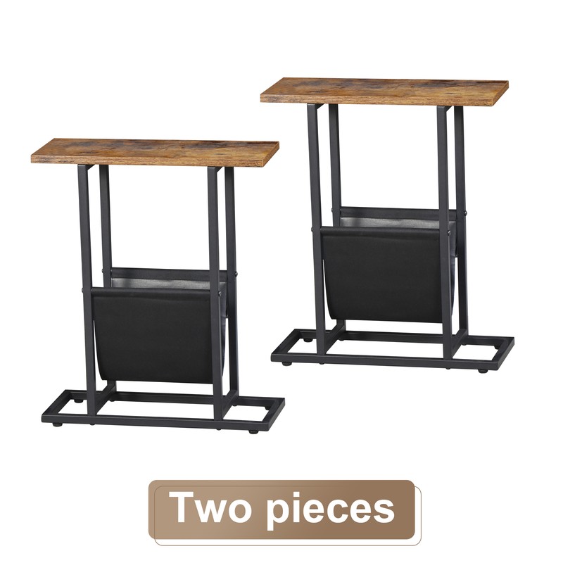 2PCS Small Narrow Side Table with Magazine Holder for Small Spaces Rustic Brown