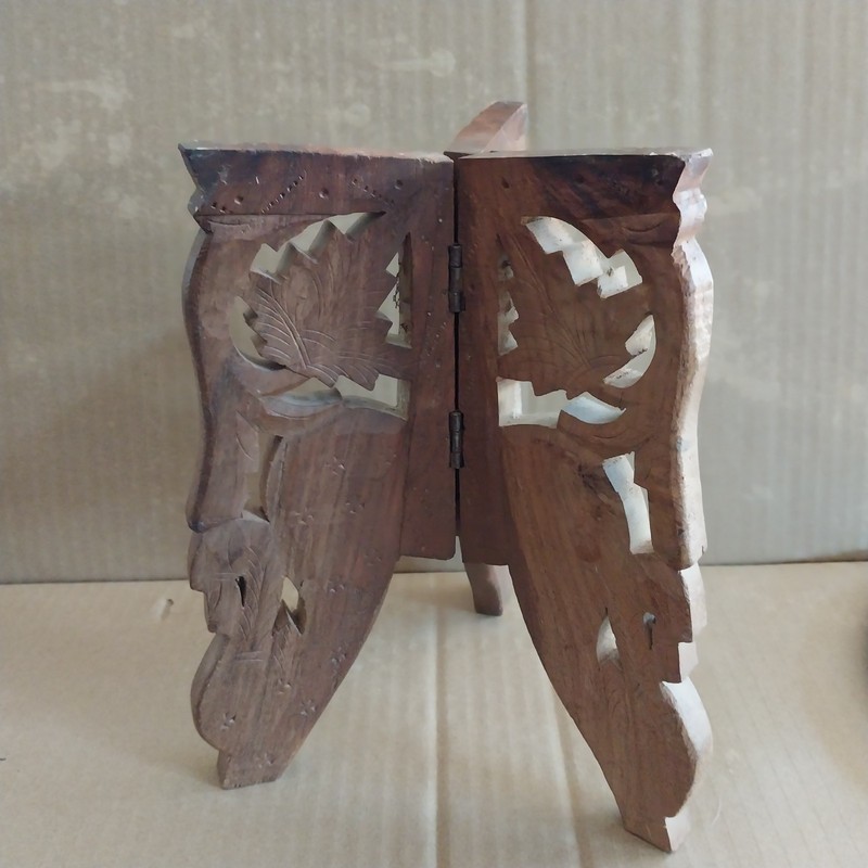 Vtg Hand Carved Teak Wood Mini Table Display Plant Stand w/ Folding Base 8.5"H gallery