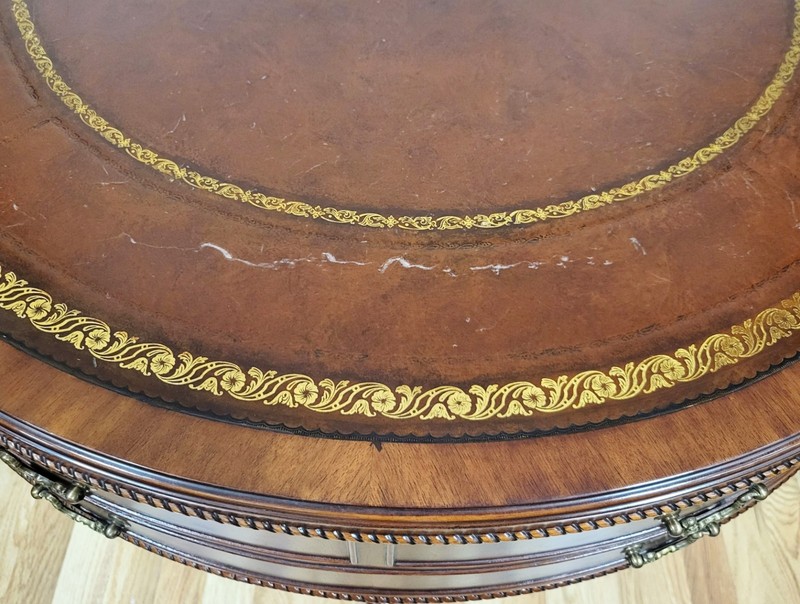 Vintage AMERICAN Mahogany Gilt Tooled LEATHER Top DRUM TABLE Heirloom WEIMAN gallery