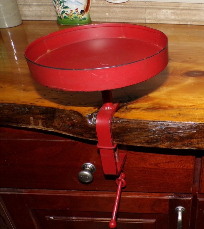 Vintage Red Metal Iron Clamp Tray Round Table Plant Holder Bird Feeder