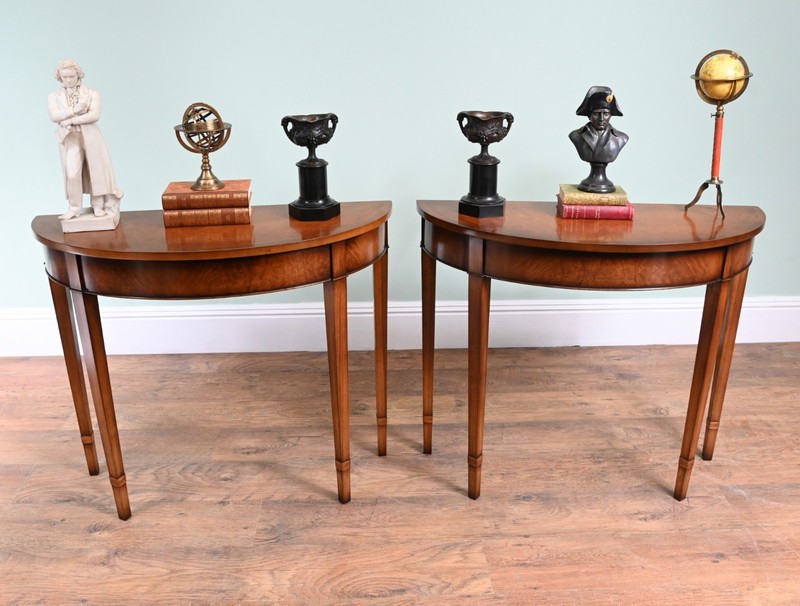 Pair Sheraton Console Tables Demi Lune Walnut Regency