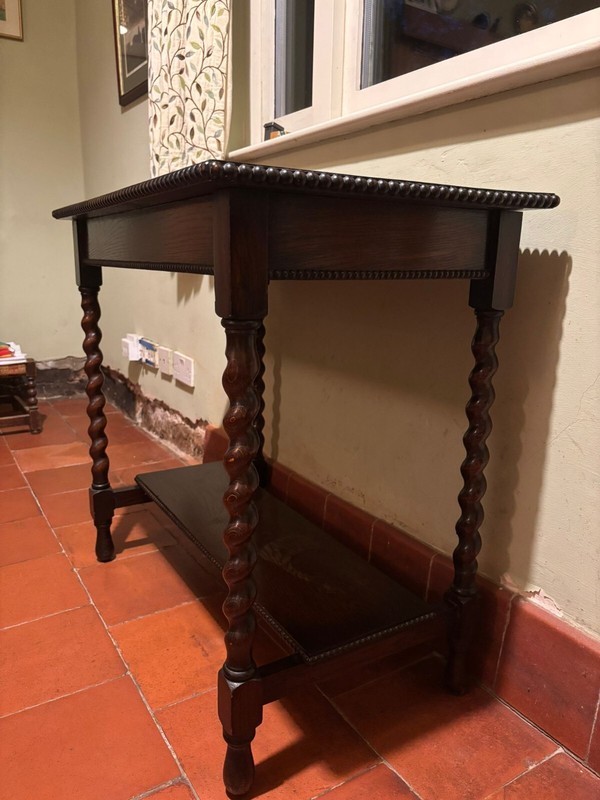 Antique Oak Side Table with Barley Twist Legs & Rare Lower Shelf gallery