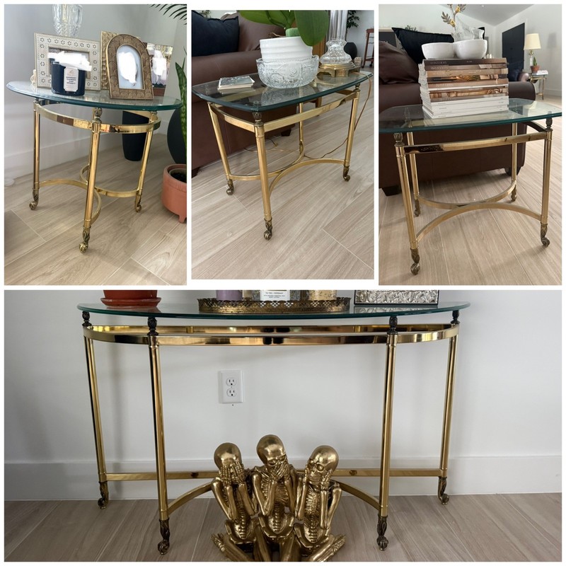 Labarge Mid-Century Modern Brass and Glass Tables Set Demi Lune Table