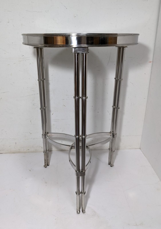 Vintage Chrome Nickel & Marble Round Faux Bamboo Table Hollywood Regency MCM gallery