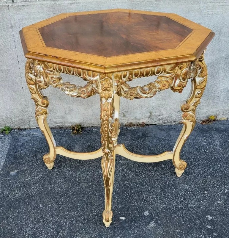 1930s Italian Heavily Hand Carved & Painted Burl Walnut Satin Center Table