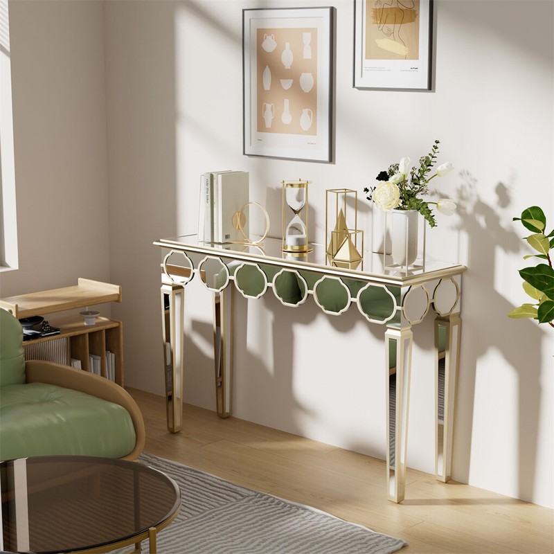 Delicate Mirror Console Table Gold Trim Vanity Table with Stable Tapered Legs gallery