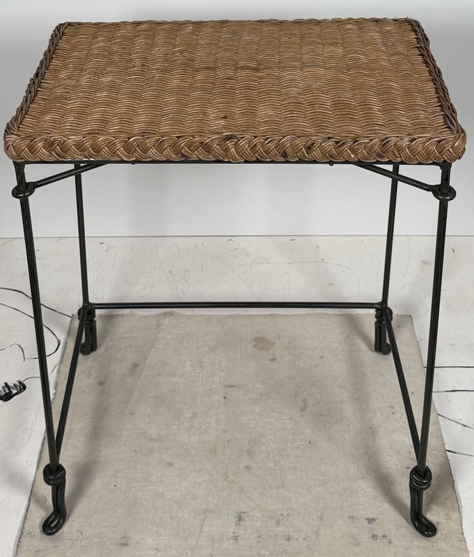 Vintage Italian Wicker & Green Iron Metal Side Table Plant Stand