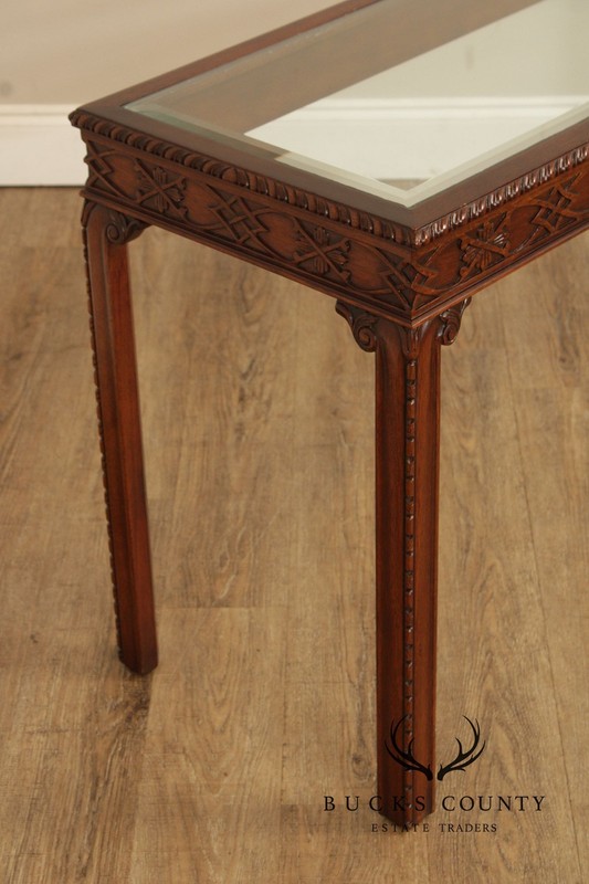 Chinese Chippendale Style Glass Top Mahogany Console Table gallery
