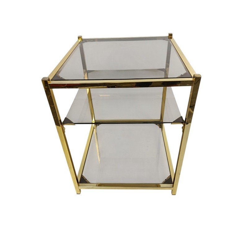 Vintage Hollywood Regency Side Table Three Tier Smoked Glass Dewulf 1970s gallery