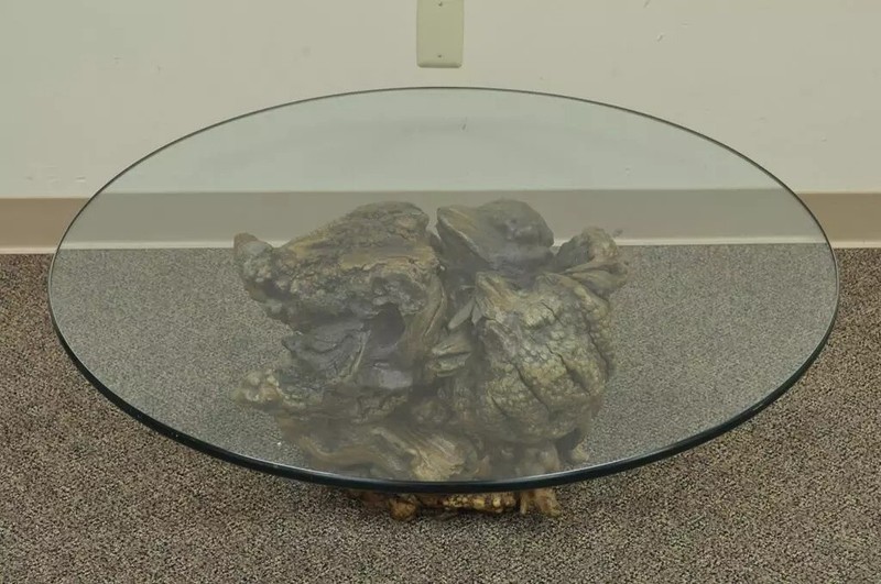 Vintage Mid Century Modern Live Edge Glass Top Burl Wood Pedestal Coffee Table gallery
