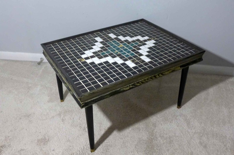Vintage Mid Century Modern Mosaic Tile Top Side Table Blue Black and White gallery