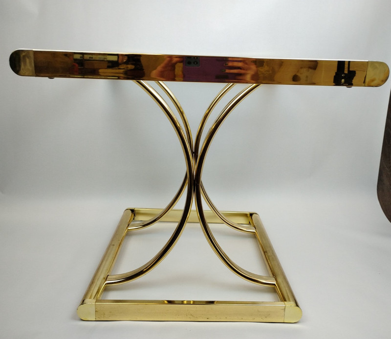 1960s Hollywood Regency Gold Tone Brass & Glass End Side Table w/Bent Arch Base gallery