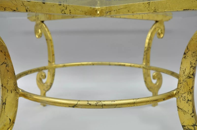 Vintage Italian Hollywood Regency Scrolling Gold Metal and Glass Coffee Table gallery