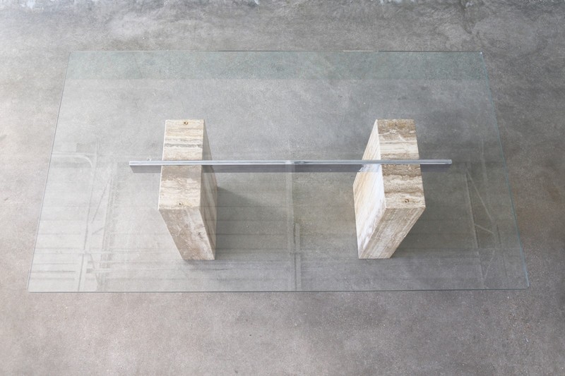 PostModern 1970s Gray Travertine Chrome and Glass Dining Table or Desk Artedi gallery