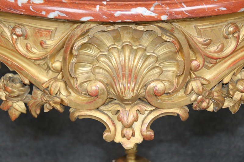 19th Century French Rococo Carved Giltwood Marble Top Console Table gallery