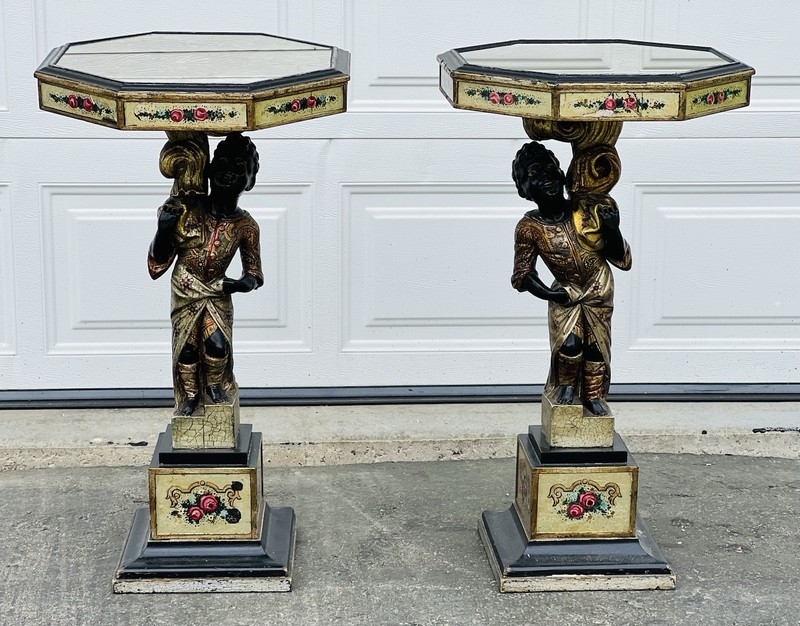 Vintage Eglomise Carved Figural Italian Side Tables a Pair