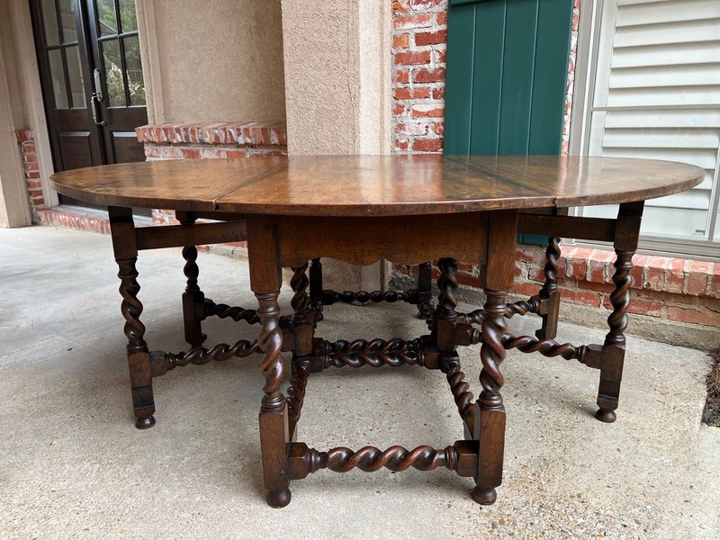 Antique English Wake Dining Table Drop Leaf BARLEY TWIST Jacobean Oak Console gallery
