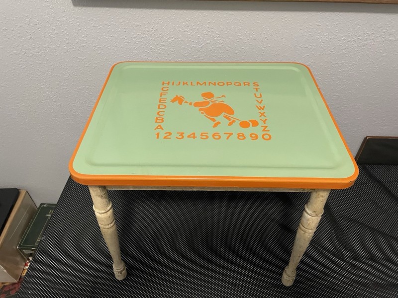 Antique Porcelain Enamel & Wood Art Deco Small Childs Teaching Table. NICE