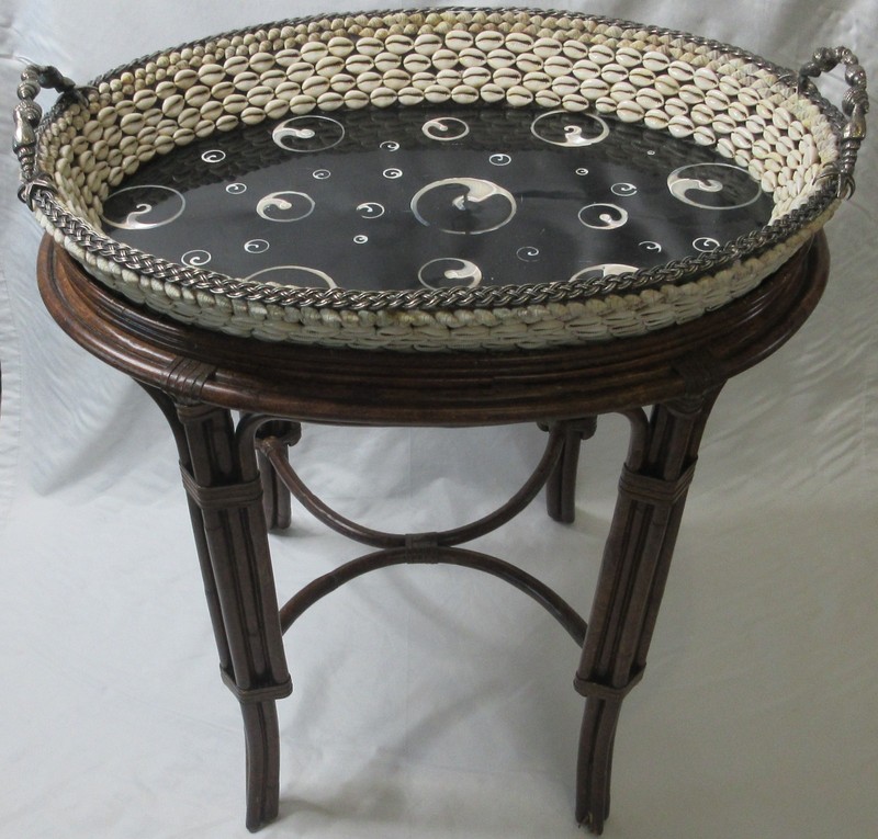 Maitland Smith Oval Seashell Tray Occasional Table Rattan Handmade 2-Piece RARE