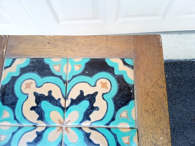 Vintage 40s Mexican tile top wood table 17.5 x 17 x 17" gallery