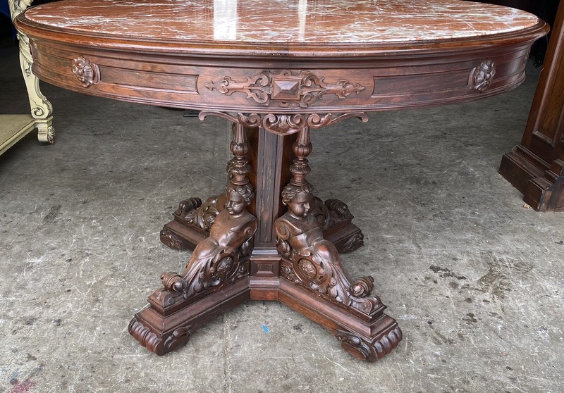 ROSEWOOD FIGURAL MARBLE TOP TABLE gallery