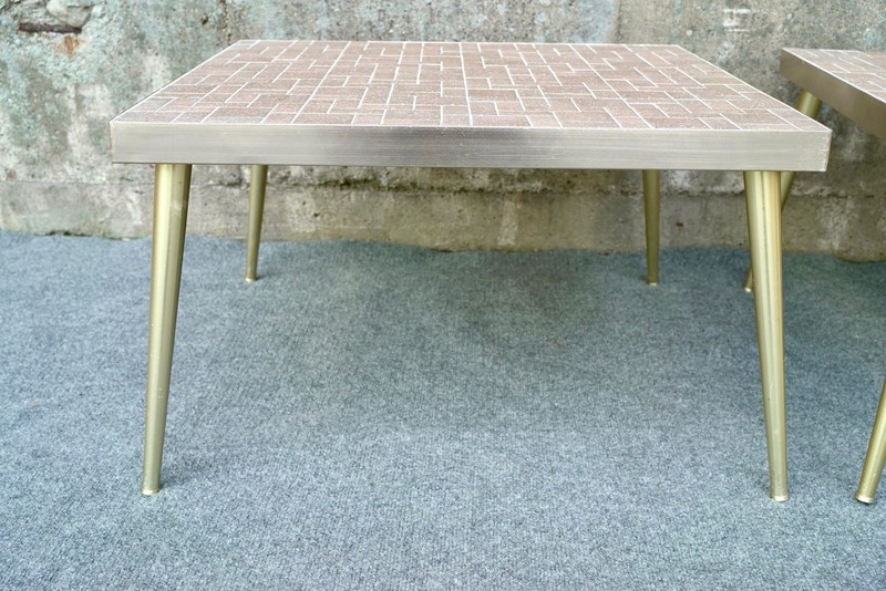 Pair of Mid Century Modern Mosaic Tile Top Tables Gold Anodized Aluminum - 26" gallery