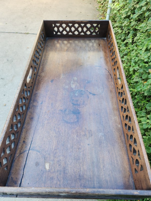 Vintage Wooden Butler Tray Table Folding Stand Pierced Gallery Brass Corners gallery