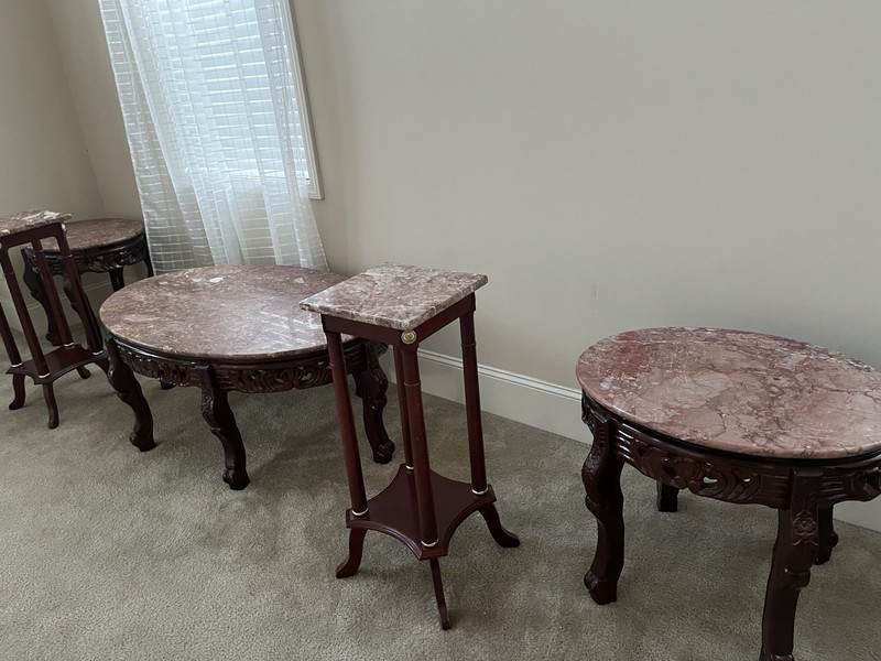 Antique Marble Top Round Coffee Table with End Tables & Plant Tables