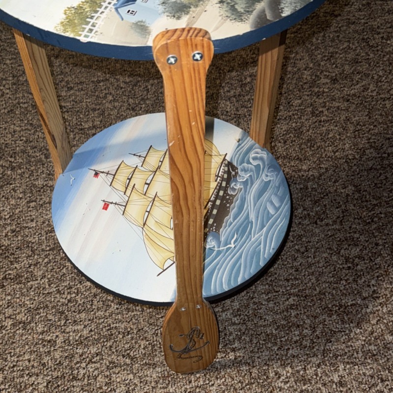 Hand Painted Lighthouse Antique Round Wood Accent Table, 16x16x29 in, Multicolor gallery