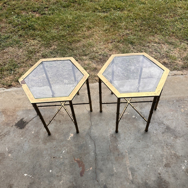 Vintage Hexagonal Brass Glass Side Tables Pair Hollywood Regency 18x18x16in