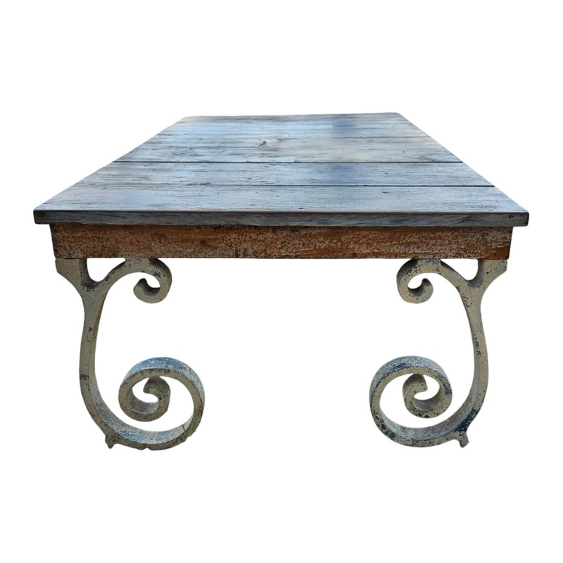 Vintage French Country Coffee Table Cast Iron Whitewashed Wood Top 50's Coastal gallery