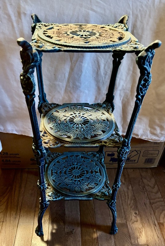 Vintage Verdigris Cast Iron 3 Tier Ornate Filigree table Renaissance Very Heavy