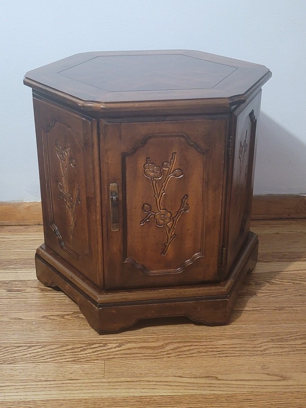 Mid-Century Hexagonal Drum Wood Side End Table With Storage