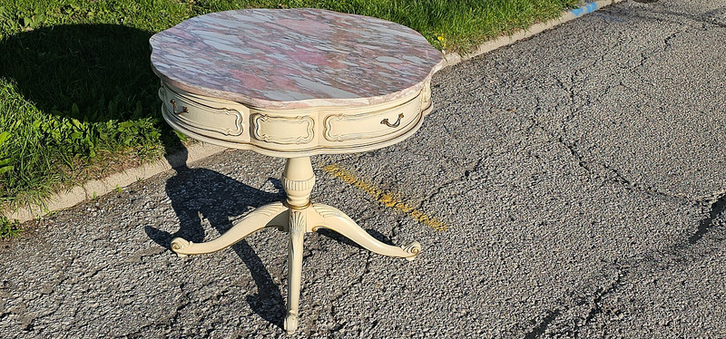 French Provincial Rose & white Marble top Parlor Table with drawers gallery
