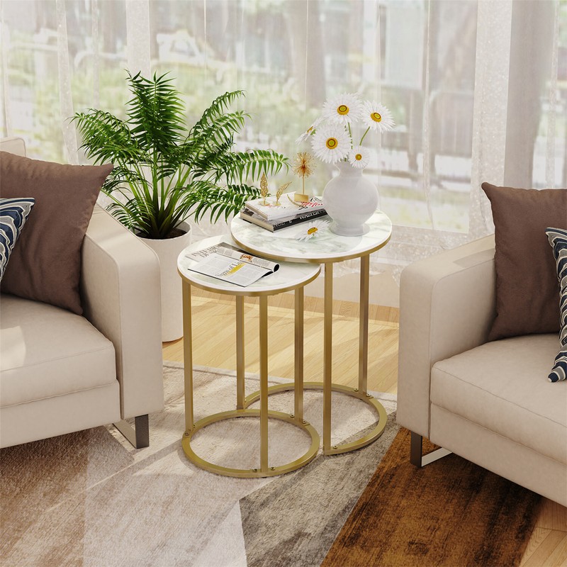 Real Marble 2 Pack Nesting Coffee Side Table Home Tea Desk Round Metal Stacking gallery